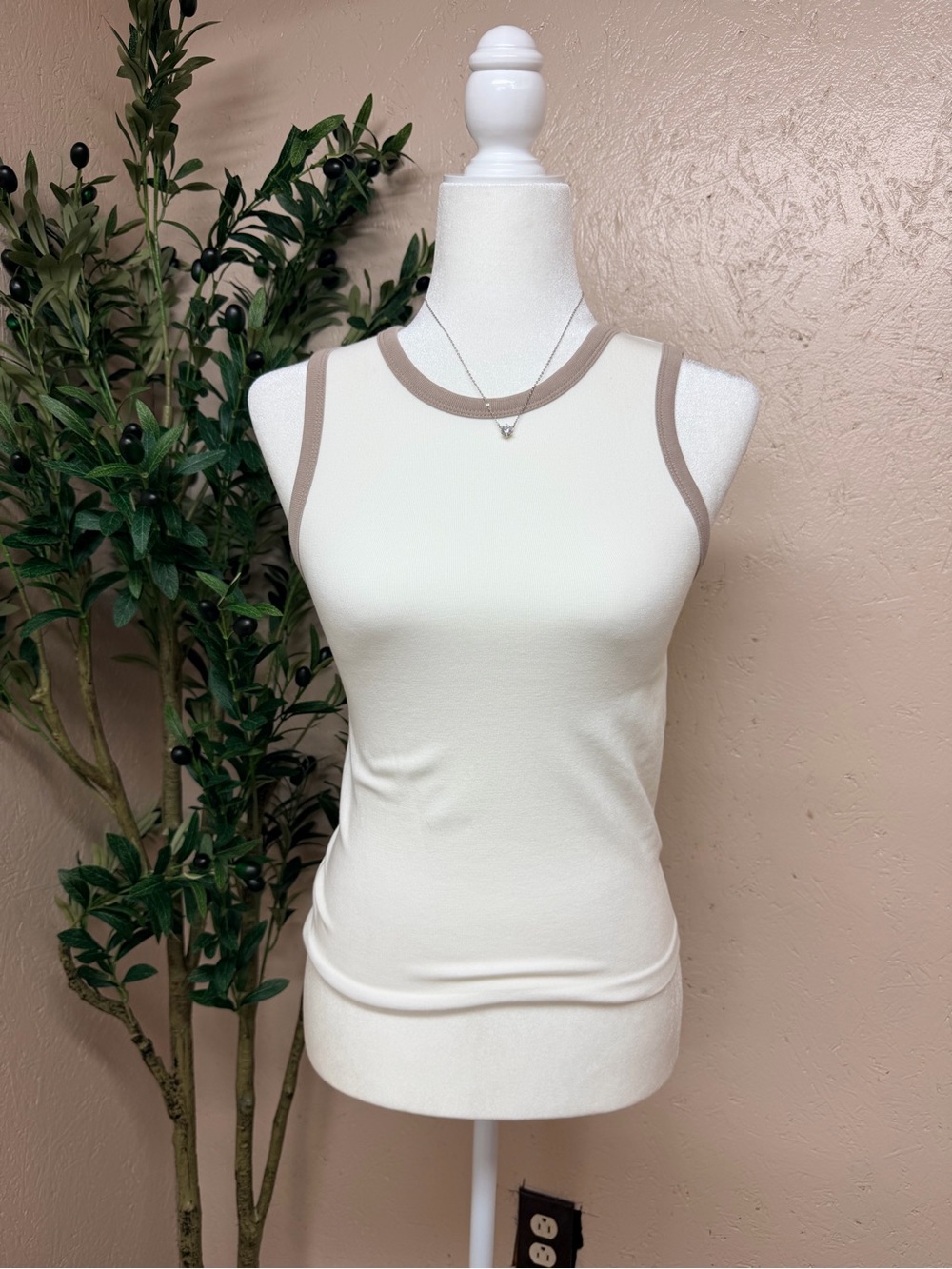 Sincerely Jules Cream Tank with Taupe Trim